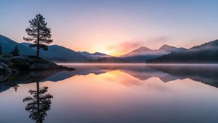 Serene Sunrise Illuminates a Calm Mountain Lake, Perfectly Reflecting Distant Peaks and a Lone Pine Tree Amidst Gentle Mist