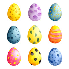 Watercolor easter eggs displaying colorful patterns and polka dots for spring holiday celebrations, isolated on a transparent background, symbolizing new life and springtime joy