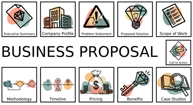 Business proposal vector icon set with diamond theme and pastel colors