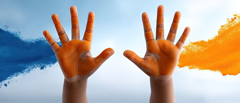 Child's hands creating colorful abstract rainbow on glass with vibrant watercolors under studio lighting - Powered by Adobe