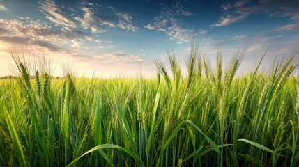 Obraz premium Green Spring Wheat Field Under a Warm Sky With Clouds and Sunlight at Dawn