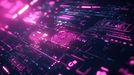 Abstract network displaying complex digital data streams and technology elements with bright pink light, representing artificial intelligence and advanced computing