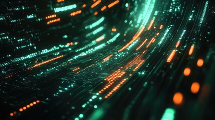 Glowing lines and dots race across a futuristic circuit board grid, visualizing high speed data streams, network connections and digital information flow in modern technology systems