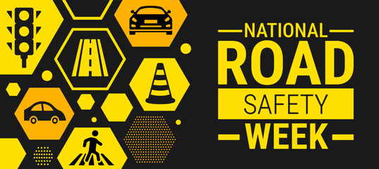 National Road safety week background, banner, card or poster design template is observed every year during January, to raise awareness about the mission. Vector illustration.