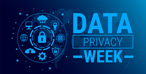 data privacy week blue color technology concepts background, banner, card or poster design template is observed every year during January, to raise awareness about the mission. Vector illustration.