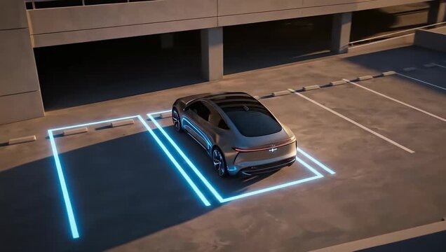 Futuristic Electric Car Demonstrates Smart Parking Technology on a Rooftop Garage in a Modern City