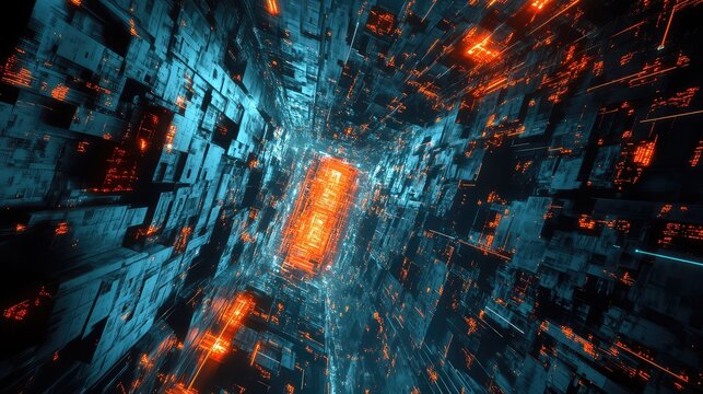 Futuristic technology tunnel of glowing blue structures and orange highlights conveying fast digital data flow, network connectivity, ai driven computing and virtual information transmission