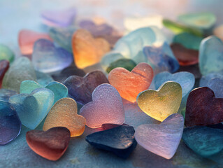 abstract background in the form of a photo with the image of multicolored glass hearts, pastel colors, can be used in as a banner or poster