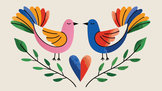 Colorful illustration of two loving birds facing each other on branches with heart