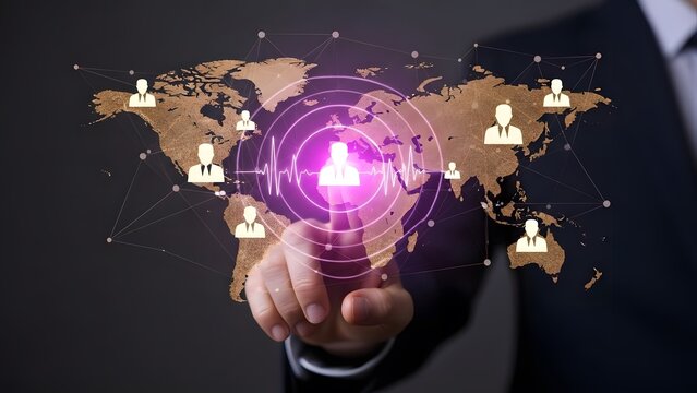 Businessman touching global network interface connecting worldwide business icons - Powered by Adobe