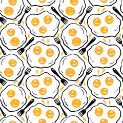 Seamless pattern with fried eggs and forks. Vector illustration.