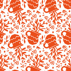 Monochrome seamless pattern with flowers in vases. Vector illustration.