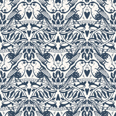 Monochrome seamless pattern with birds and flowers in retro style. Vector illustration.