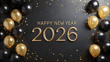 Elegant happy new year 2026 celebration with golden and black balloons and glitter