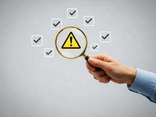 Magnifying glass warning sign, business audit and compliance