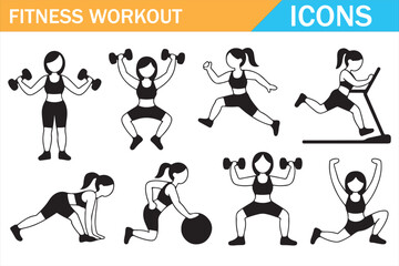 Fitness workout icons set with strength training, cardio and stretching exercises, human activity silhouettes in outline style for gym, training apps, health, sport and lifestyle design