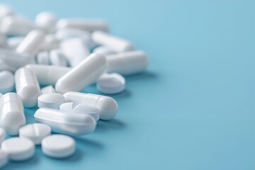Assorted pain relief pills are scattered on a blue background in a medical setting. The focus is on the different shapes and sizes of the pills, indicating their use in pain management