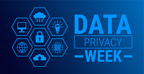data privacy week blue color technology concepts background, banner, card or poster design template is observed every year during January, to raise awareness about the mission. Vector illustration.