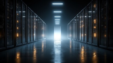 Obraz premium Long corridor in a data center with server racks and bright lights visible in the distance