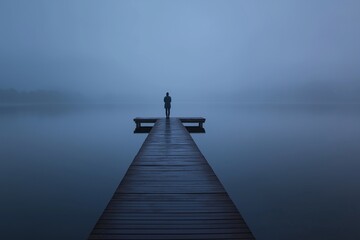 Person stands alone on wooden dock in foggy lake setting during early morning hours