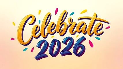 Vibrant Celebrate 2026 text with colorful confetti on gradient background