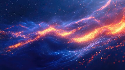 Obraz premium Abstract network of luminous particles creating a dynamic light stream and energy wave pattern against a dark, starry background, representing connections, data, and technology
