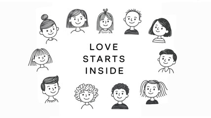 Playful minimalist character heads in black and white with smiling faces and text love starts inside