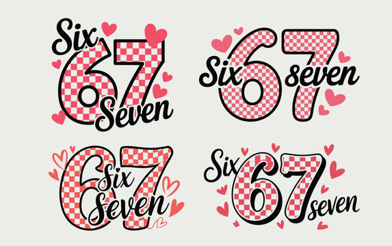 Stylish number 67 design collection featuring hearts and checkered pattern for celebration