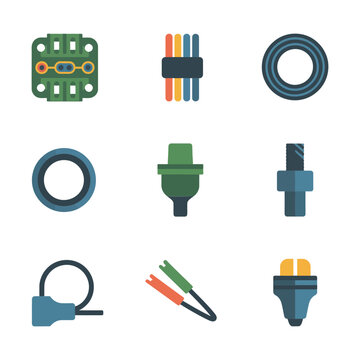 Cable and connector icon collection, wire plug socket adapter terminal symbols, electrical connection, flat vector design