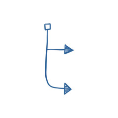 Artistic blue doodle of handmade arrow, pencil red ink drawing as orientation mark, simple graphic sign for path and target.