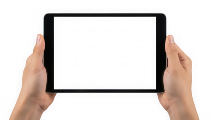 Hands holding tablet isolated on transparent background