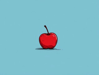 Obraz premium A vibrant red apple with a slender stem sits against a solid, light-blue background, using bold outline in a minimalist style