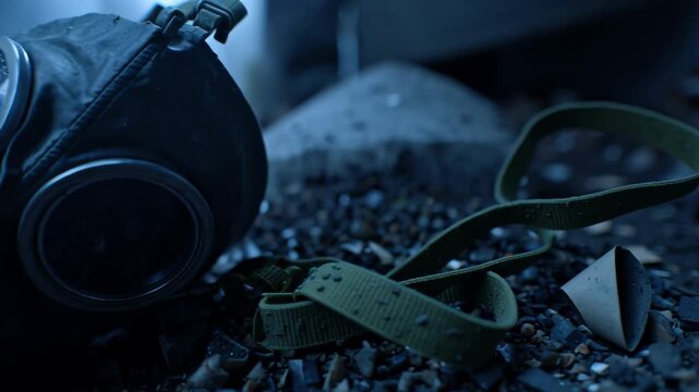 Abandoned gas mask found on the ground in a post-apocalyptic setting during twilight