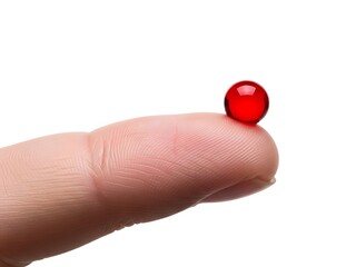Tiny Red Gel Capsule on Fingertip: Medicine, Vitamins, or Small Dosage Drug.