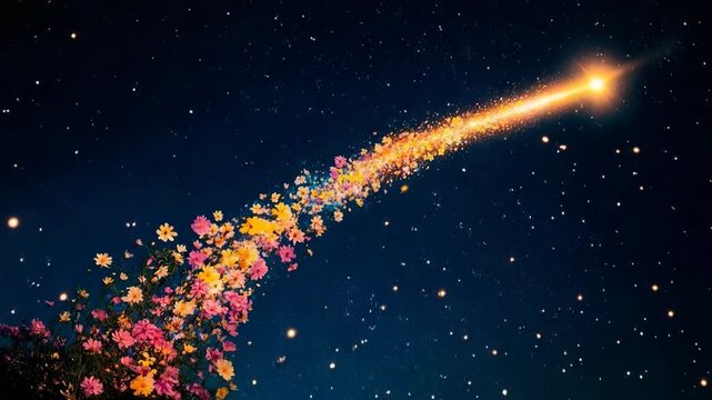 Shooting star creates a trail of blooming flowers in the night sky filled with stars