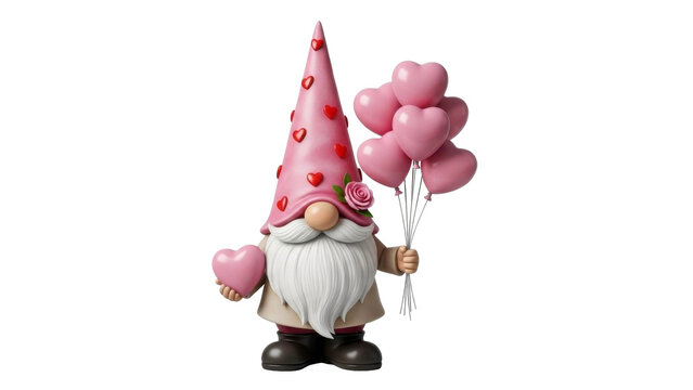 Valentine Gnome Holding Heart Balloons on Transparent Background PNG
