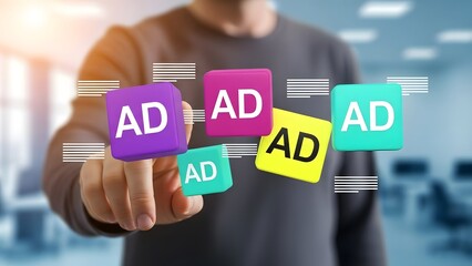 Fototapeta premium Businessman interacting with floating digital advertising blocks in a modern office