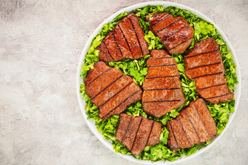 Middle Eastern grilled beef fillet placed on a bed of fresh parsley. Top view with copy space.