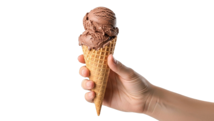 Hand holding chocolate ice cream cone on a transparent background PNG image
