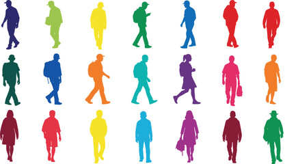 Colorful walking people silhouettes collection showing men and women in casual poses isolated on white background vector illustration
