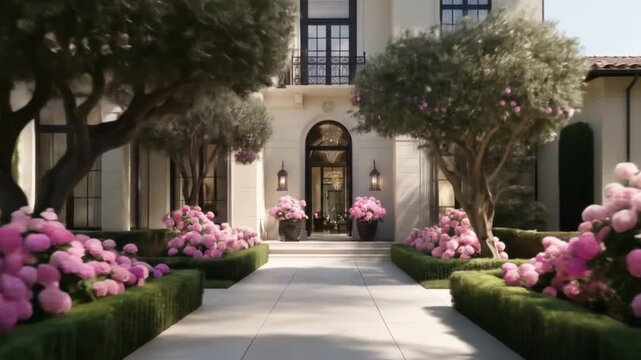 A grand mansion entrance with pink flowers, lush landscaping, and trees framing the arched entryway