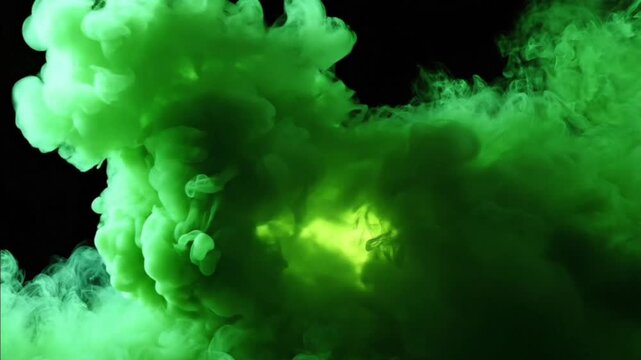 A captivating cloud of vibrant green smoke billows and swirls dynamically against a deep black background, creating an intriguing abstract visual. The ethereal mist expands and diffuses, showcasing va