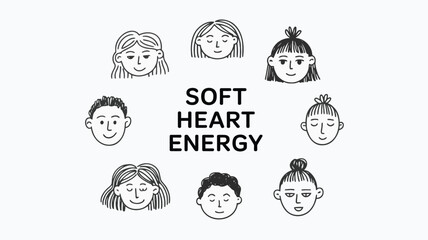 Minimal black doodle faces arranged in circle convey soft heart energy