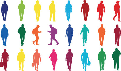 Colorful walking people silhouettes set featuring men and women in casual poses isolated on white background vector illustration
