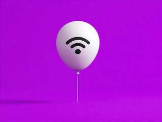A white balloon with a black wifi symbol floats against a vibrant purple background. The image is clean and minimalistic, emphasizing simplicity and connectivity