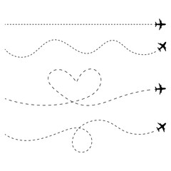 Minimalist black airplane icons illustrating various flight paths and travel routes including straight wavy heart and spiral dotted lines for aviation and journey concepts
