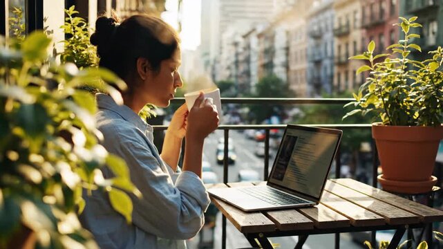 A young woman works on her laptop on a sunny city balcony. A female freelancer types and drinks coffee while enjoying an urban view. Remote work and digital nomad lifestyle