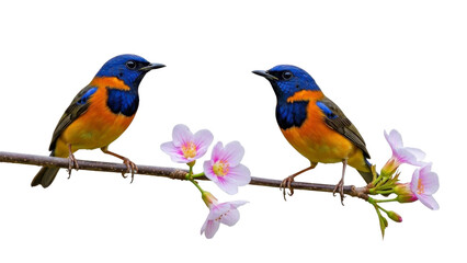 Fototapeta premium Two Colorful Birds on Branch with Pink Blossoms, PNG