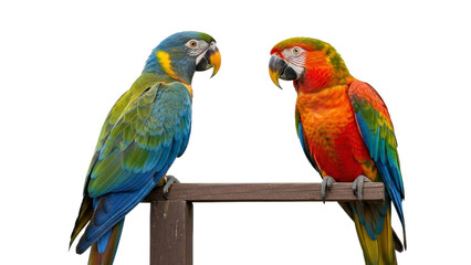 Obraz premium Two Colorful Macaws Perched on Wood in PNG Image on Transparent
