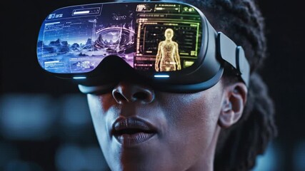 African American woman using VR headset in immersive experience. Female exploring digital virtual world with holographic interface. Closeup sequence of joyful technology interaction - Powered by Adobe